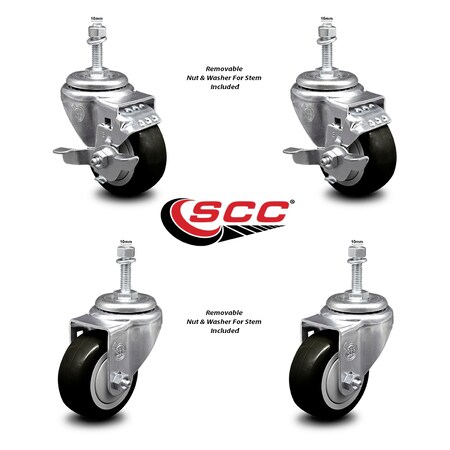 Service Caster 3.5 Inch Black Polyurethane Swivel 10mm Threaded Stem Caster Brake SCC, 2PK SCC-TS20S3514-PPUB-BLK-TLB-M1015-2S2